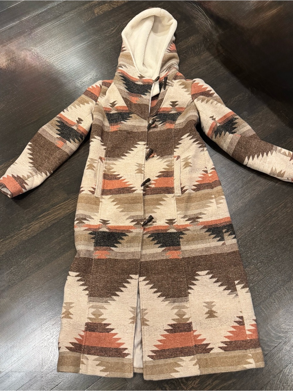 NWT Powder River Outfitters Aztec Brown Long Hooded Duster Coat – Size L